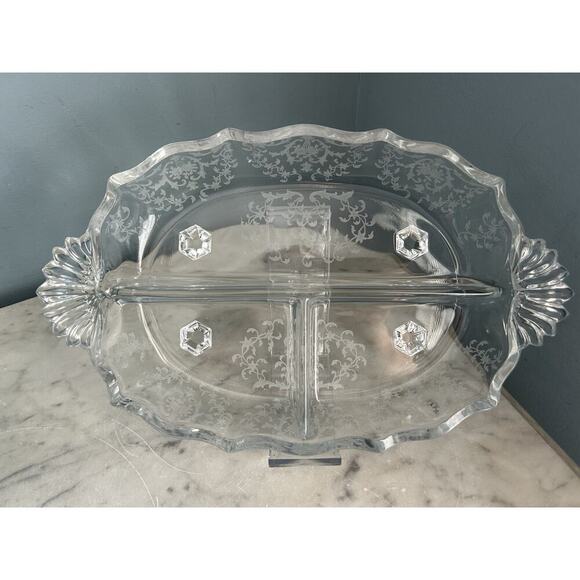 Fostoria Meadow Rose 3 Part Glass Footed Relish Dish Etched Crystal Vintage - Picture 1 of 15